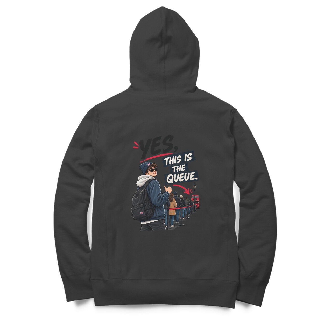 Men’s Women’s Hoodie Back Print UK Special – Yes, This is the queue - Image 3
