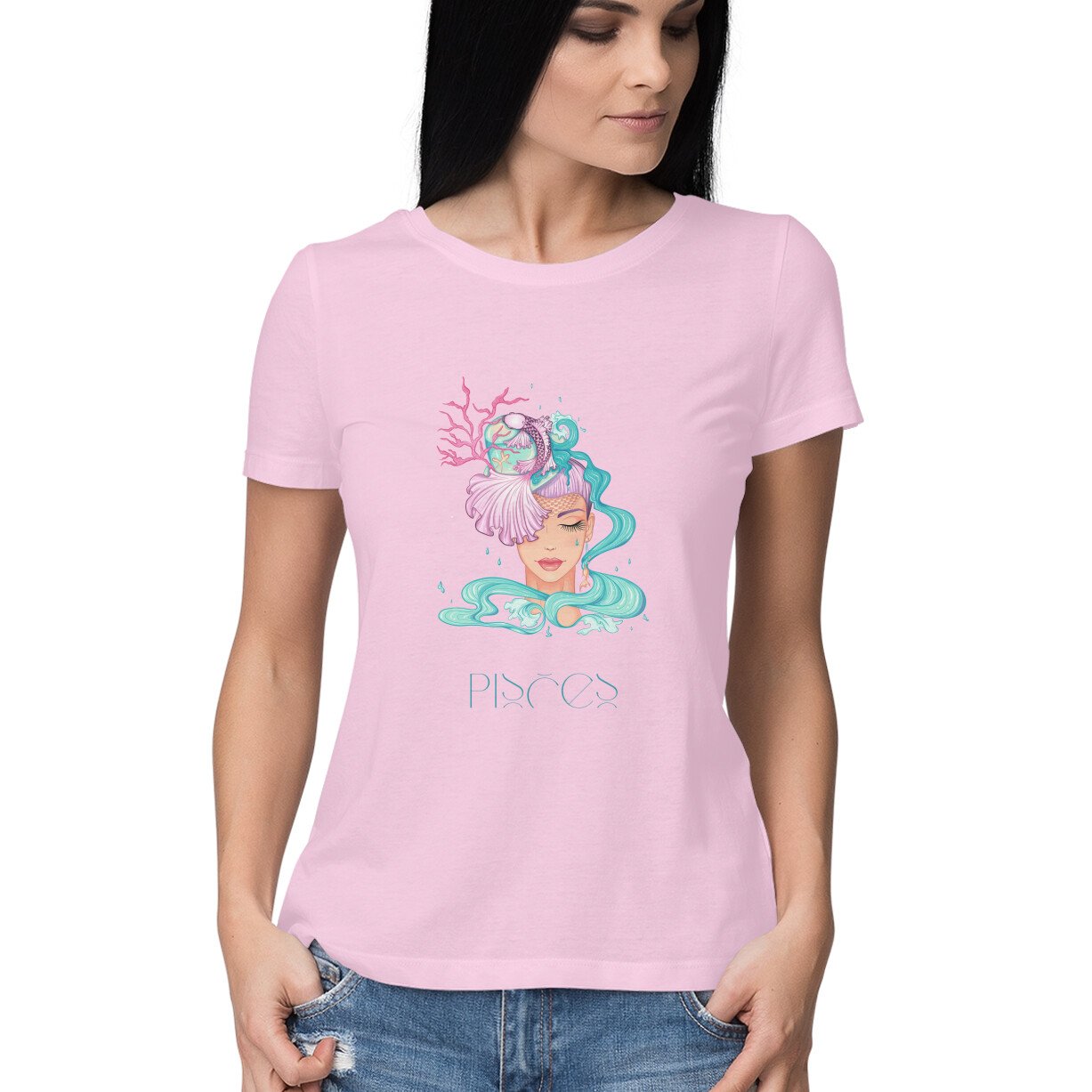Pisces zodiac sign women’s round neck T-shirt Pink